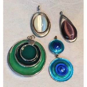 Lot of 4 Pendants Silver Tone Green Purple Blue Teardrop Round Glass Handcrafted